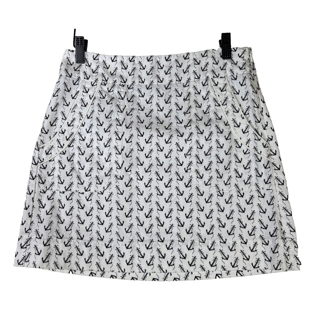 J.Crew Women White Black Anchor Print‎ Cotton A-Line Mini Skirt Size 0 Nautical
